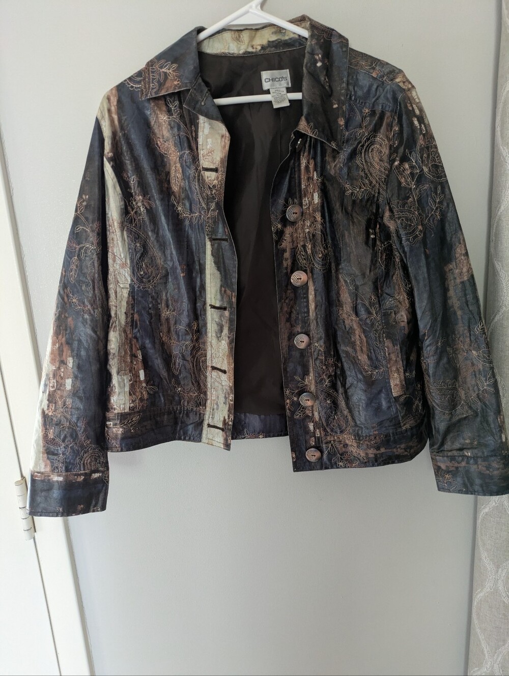 Chico's Black and Brown Embroidered Jean-Style Jacket